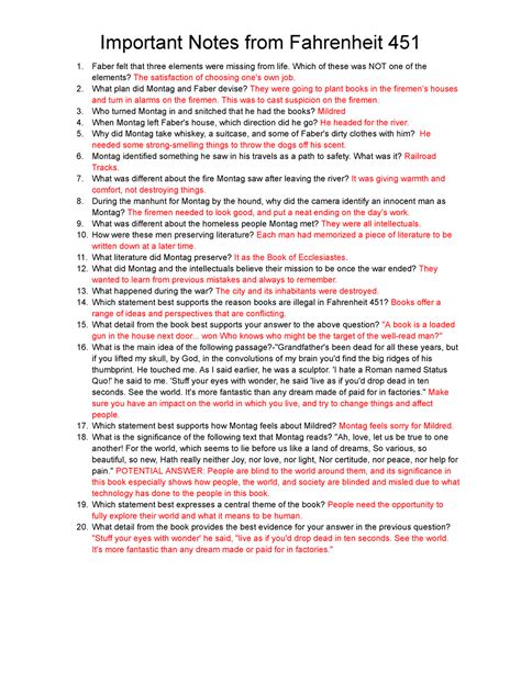 Key Fahrenheit 451 Questions - Important Notes from Fahrenheit 451 1 ...
