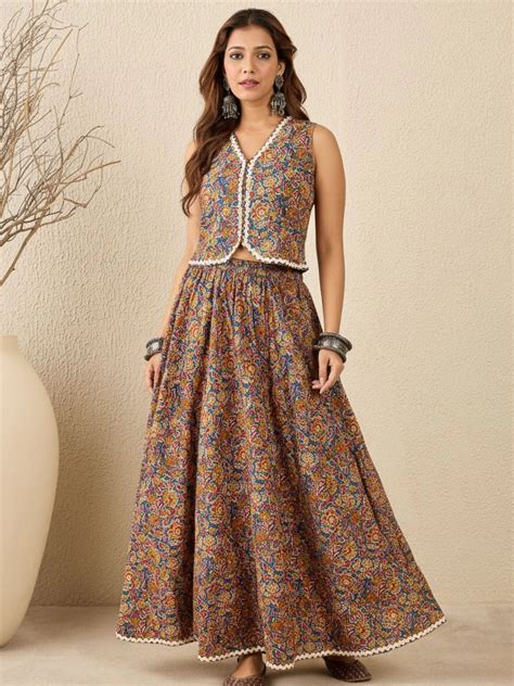 Women Printed Cotton Lace detailing Waistcoat with Skirt Co-ord Set ...
