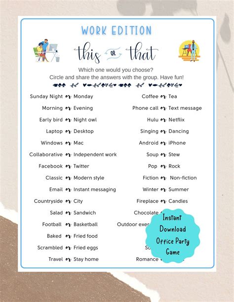 Office Party Printable This or That Game | Coworker Staff Game | Fun ...