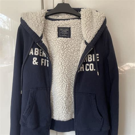 Abercrombie & Fitch zip up hoodie in navy blue Worn... - Depop
