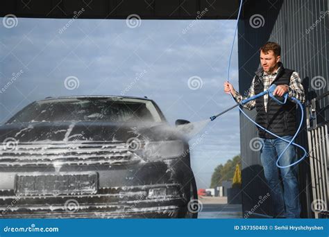 Car Wash. Man Washes Car with Water from High Pressure Washer Stock Image - Image of cleaning ...