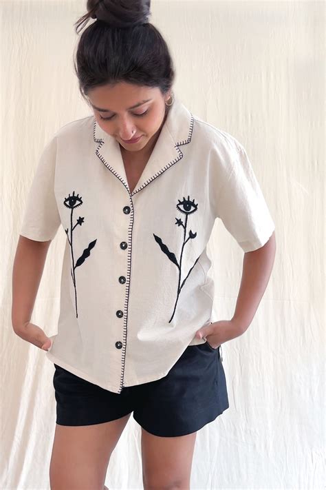 Women's Mystic Eye Shirt - Natural with Black Embroidery – Bianca Jeswant