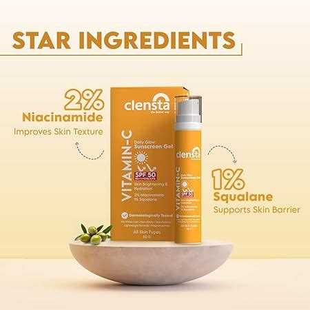 Clensta Daily Glow Sunscreen Gel SPF 50 PA++++ with Vitamin C, Niacina ...