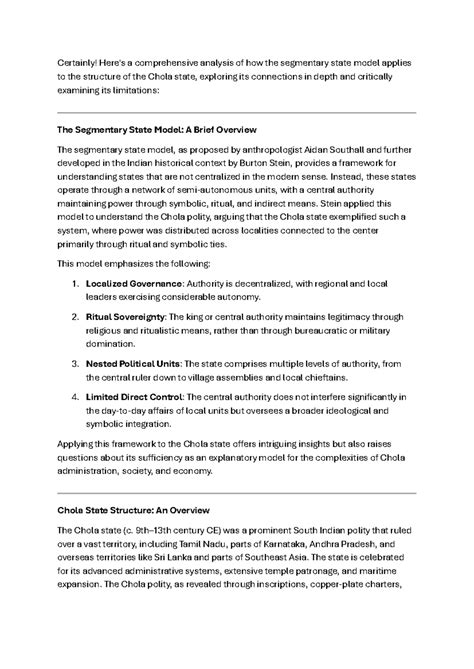 Chola State Analysis: Insights from the Segmentary State Model - Studocu