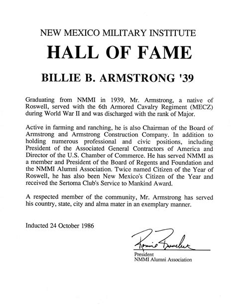 1986 - Mr. Billie B. Armstrong 1939 JC - NMMI Alumni