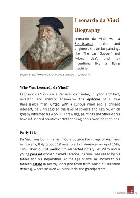 LEONARDO DA VINCI: Life and Creation…: English ESL worksheets pdf & doc