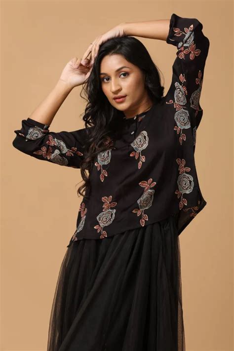 Elegant Kohl Ajrakh Rose Print Modal Popover Blouse