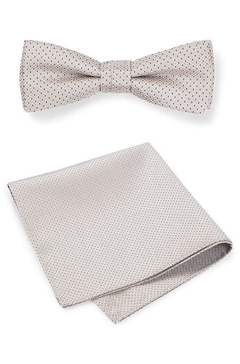 BOSS - Bow tie and pocket square in silk-blend jacquard - White