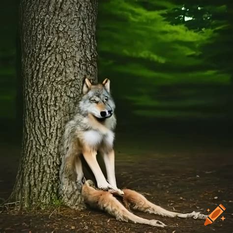 Image of a pregnant wolf sitting under a tree on Craiyon
