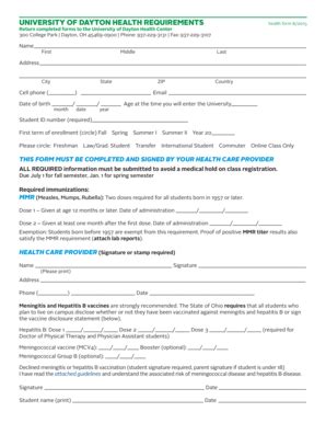 Fillable Online udayton UNIVERSITY OF DAYTON HEALTH REQUIREMENTS health ...