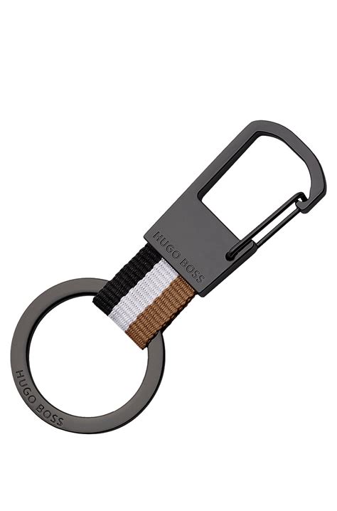 BOSS - Signature-stripe key ring with dark-chrome accents - Dark Grey
