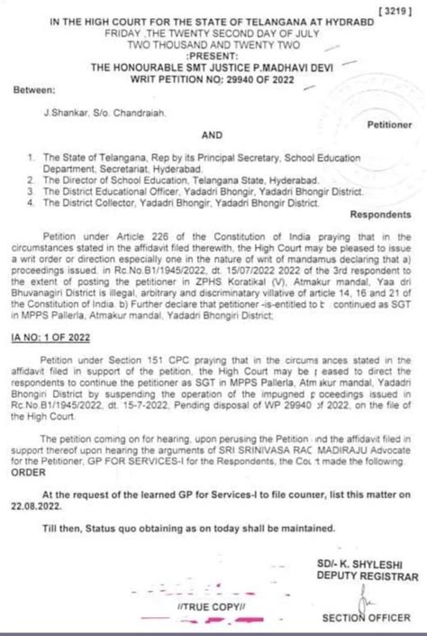 High court status Quo orders on SGTs High School Deputation