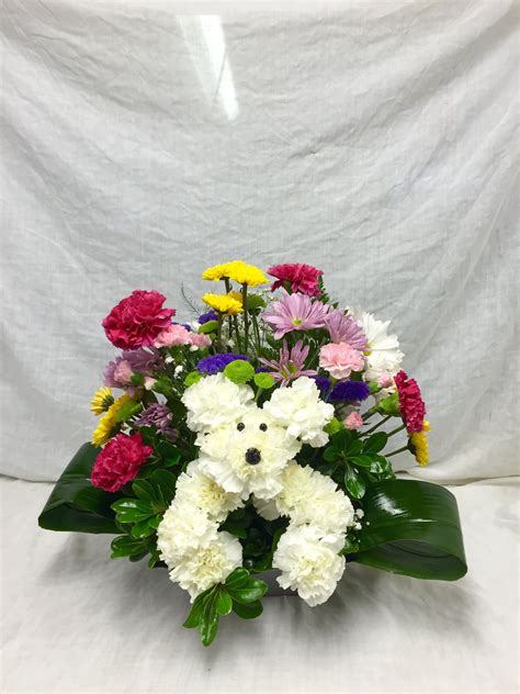 White Carnation Puppy Dog Flower Arrangement