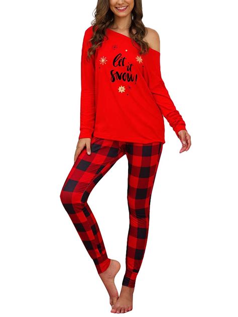Plus Size Women Christmas Pajamas Matching Sets Long Sleeve Tops+Plaid ...