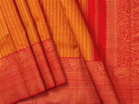 Mustard And Red Dual Shade Kanchipuram Silk Saree With Red Korvai Bord ...
