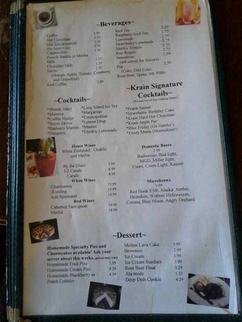 Menu at Krain Corner restaurant, Enumclaw