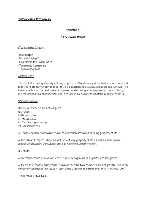 Biology notes class 11th chapter 1, the diversity of living work ...