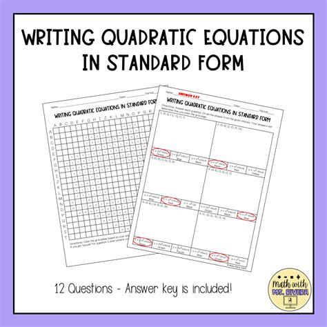 Writing Quadratic Equations in Standard Form Color by Number Pixel ...