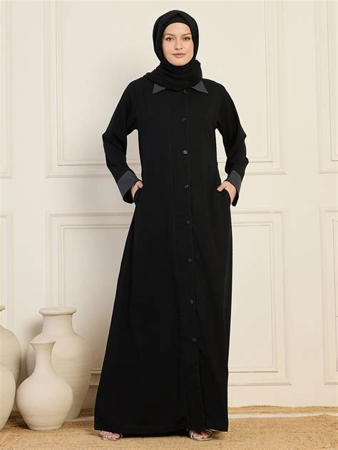 Nabia Women's Black Solid Front-Open Collared Abaya with Black Georget