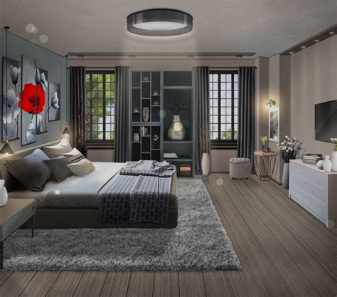 Luxurious Bedroom with Grey Walls and Wood Floors