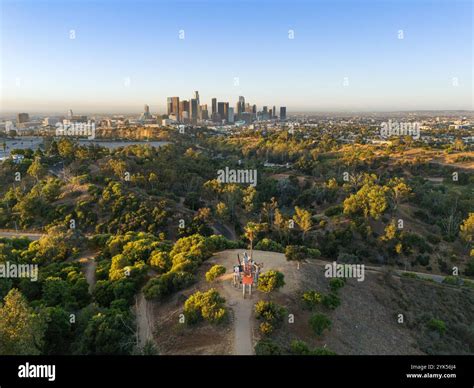 Sunrise over downtown Los Angeles, California, aerial view from Elysian ...