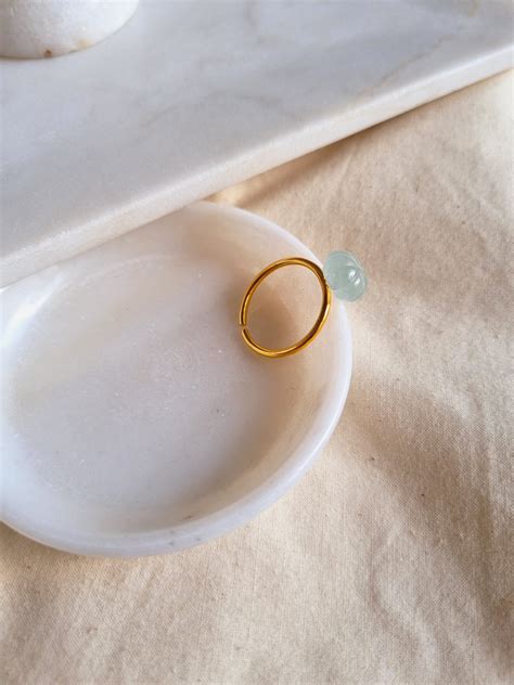 Aquamarine round melon adjustable ring for women gold plated brass ...