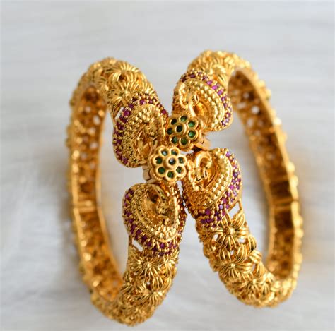 Matte finish ruby-green peacock flower screw type kada/bangles(2.4) dj ...