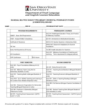 Fillable Online Bilingual Authorization Multiple Subject Program Course ...