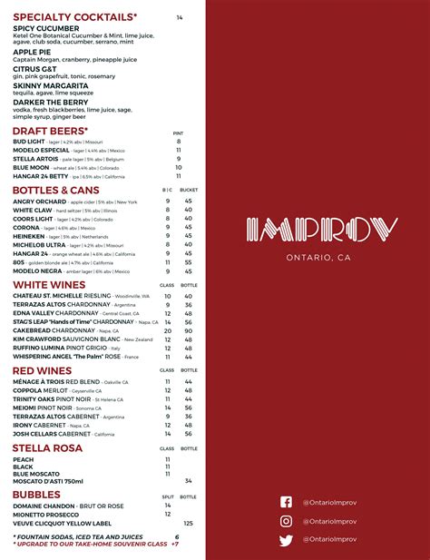 Ontario Improv Food and Drink Menus