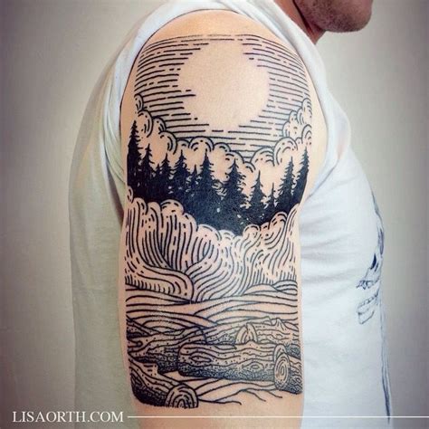 by Lisa Orth | Line tattoos, Etching tattoo, Landscape tattoo