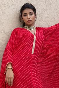 Buy Red Georgette Embroidered Leheriya Print V Neck Kaftan For Women by ...