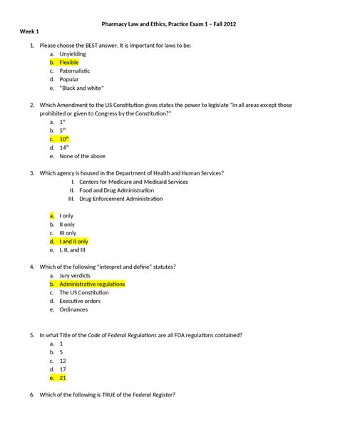 Practice Exam 1 with Answer Key - Pharmacy Law and Ethics | PHA 5239 ...