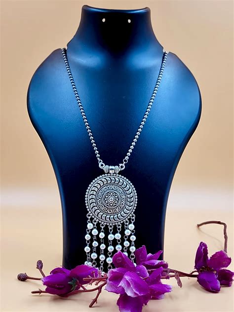 Ethnic Silver Oxidized Long Beaded Pendant Laced with Hanging Beads ...