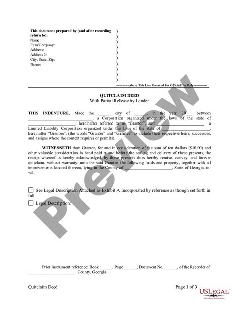 Georgia Quitclaim Deed with Partial Release by Lender | US Legal Forms
