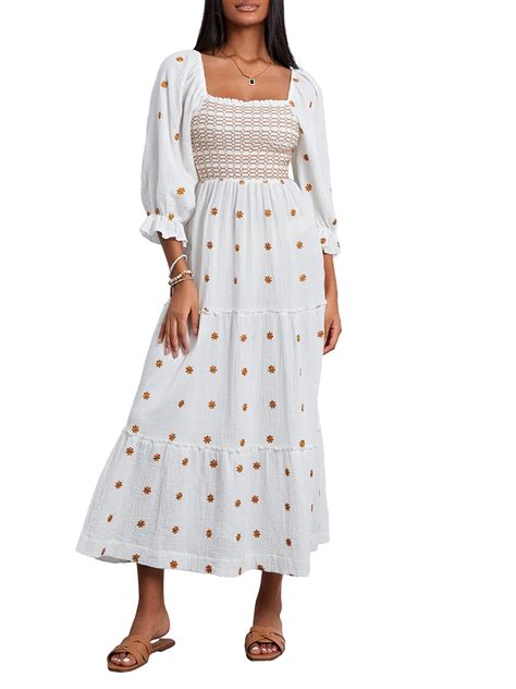 CenturyX Women Long Sleeve Dresses Fall Square Neck Smocked High Waist ...