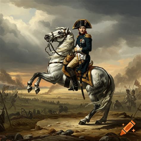 Napoleon Bonaparte on a rearing white horse on a battlefield, in the style of a classical ...