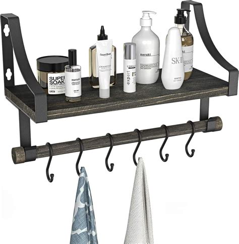 Buy Wall Mounted Bathroom Shelf with Towel Rack and 6 Hooks, Rustic ...
