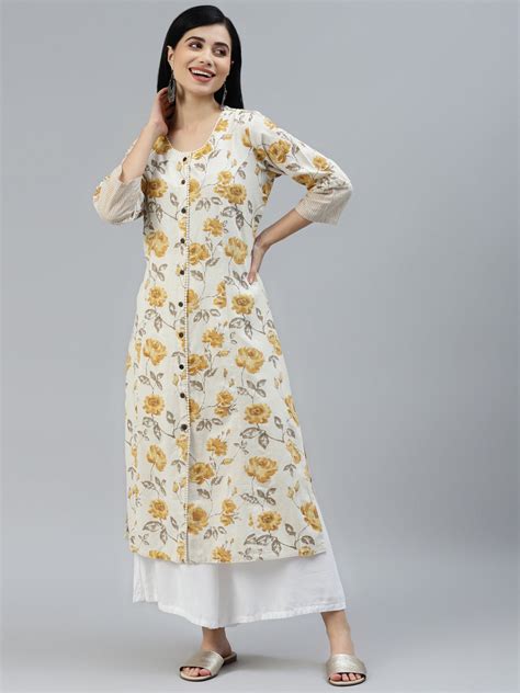 Floral Print Yellow Cotton A-line Kurta – Atha Fashion