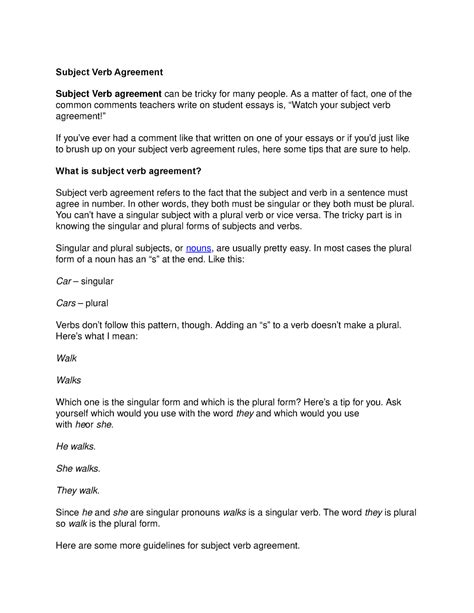 SV Agreement sample and - Subject Verb Agreement Subject Verb agreement can be tricky for many ...