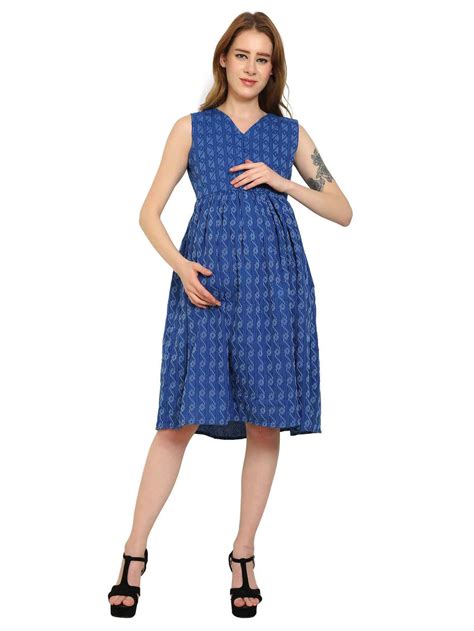 Blue Fit and Flare Cotton Maternity and Feeding Dress - Moms Ever