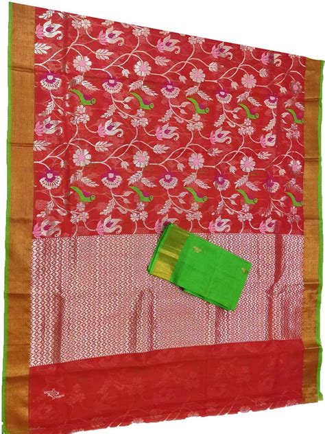 Red Handloom Kota Doria Real Zari Parrot And Floral design Saree ...