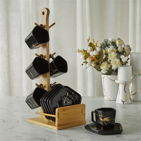 Buy Showstopper Troup Stoneware Cup and Saucer Set with Wooden Stand ...