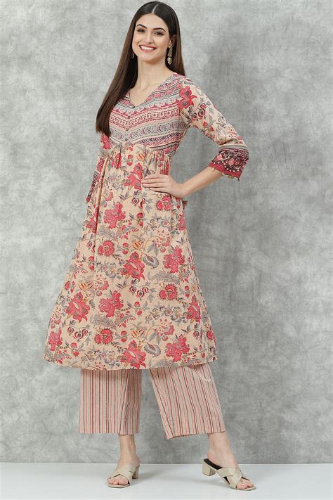 Beige Cotton A-Line Kurta Palazzo Suit Set at Biba India