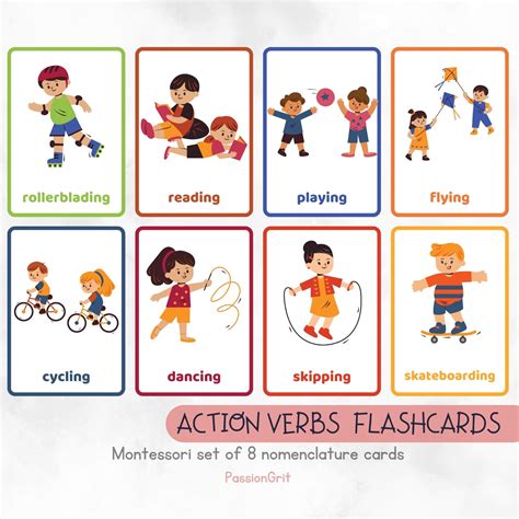 8 Action Verbs Nomenclature Flashcards Kids Education - Etsy