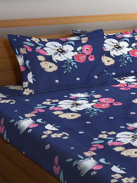 Klotthe Multi Floral 300 TC Cotton Blend Fitted Double Bedsheet with 2 ...