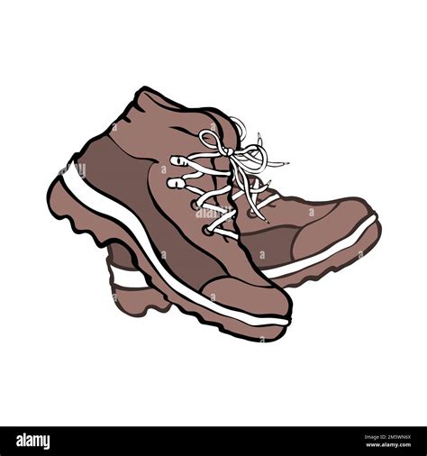 Pair of hiking boots. Fashion tourist shoes. Travel equipment. Active lifestyle. Cartoon vector ...