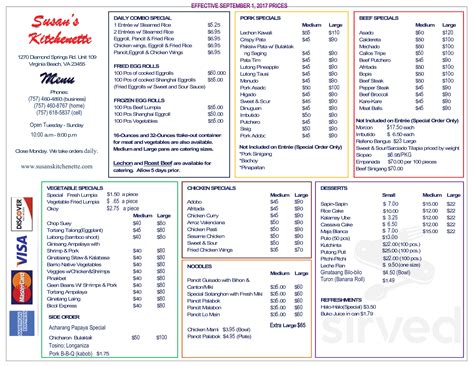 Menu for Susan's Kitchenette Filipino in Virginia Beach, VA | Sirved