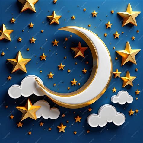Premium Photo | Crescent moon golden stars and white clouds 3d style