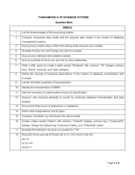 FUNDAMENTALS OF DATABASE SYSTEMS Question Bank: Part A & B - Studocu