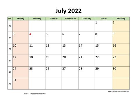 July 2022 Calendar Printable with coloring on weekend (horizontal) | Free-calendar-template.com